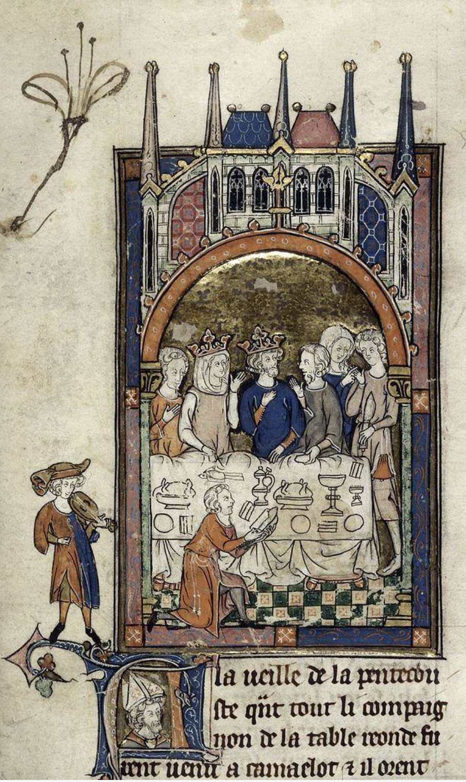 Figure 22: (F1_10_5) Anonymous, Betrothal of Arthur and Guinevere, from * L’Estoire del Saint Graal*, British Library, Royal 14 E. III
