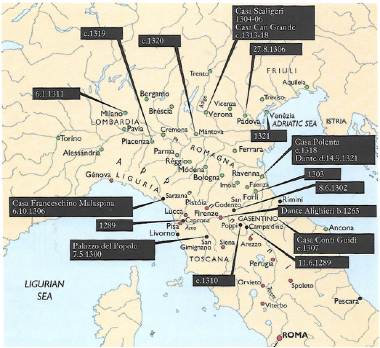 Figure 24: (F1_11_5_5) City-republics in Dante’s life time (with dates of his presumed visits)