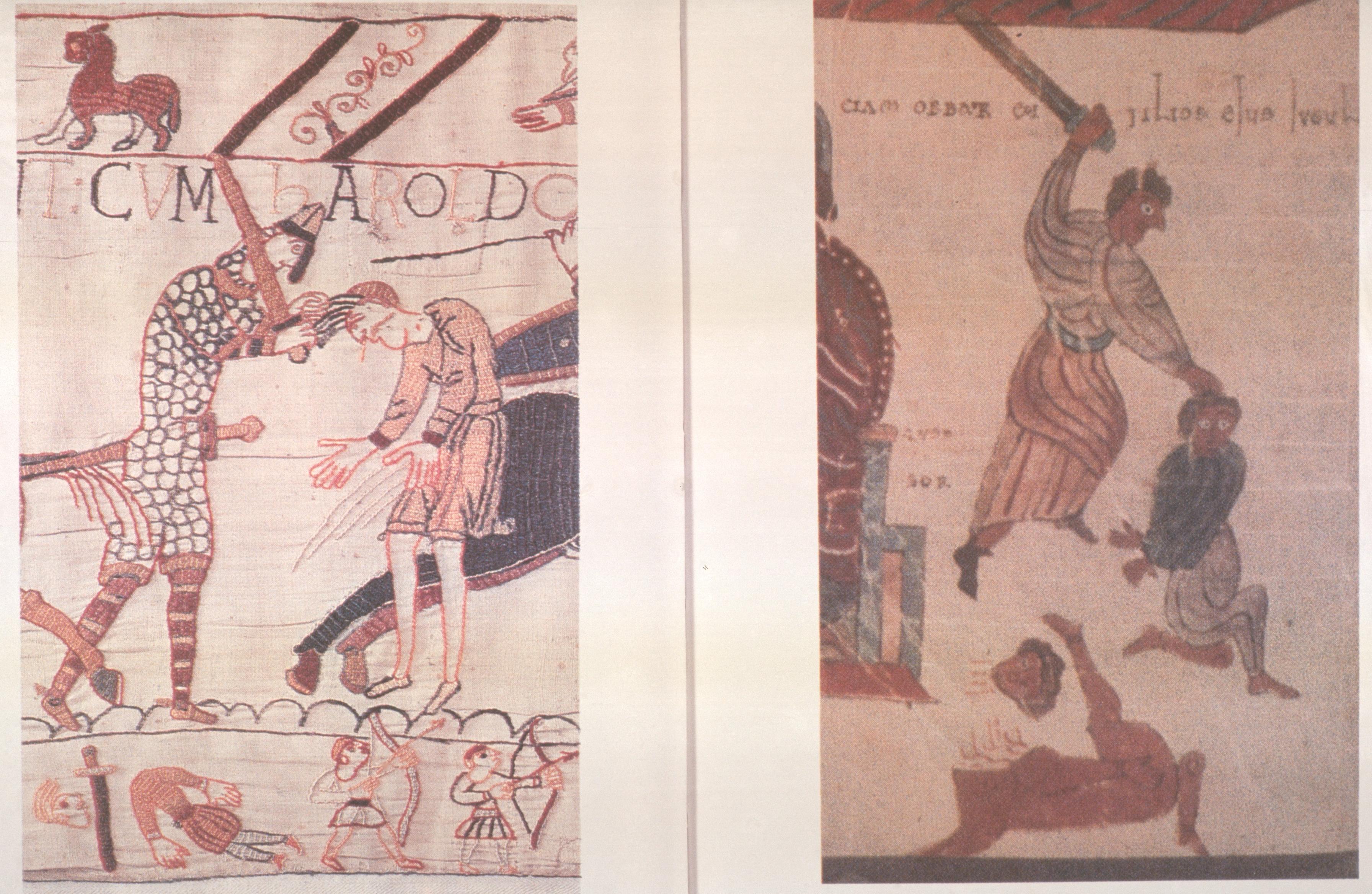 Figure 82: (O_B_83) Detail of killing of unarmed attendant from the Bayeux Tapestry (left) and manuscript illumination of the killing of Zedekiah’s sons