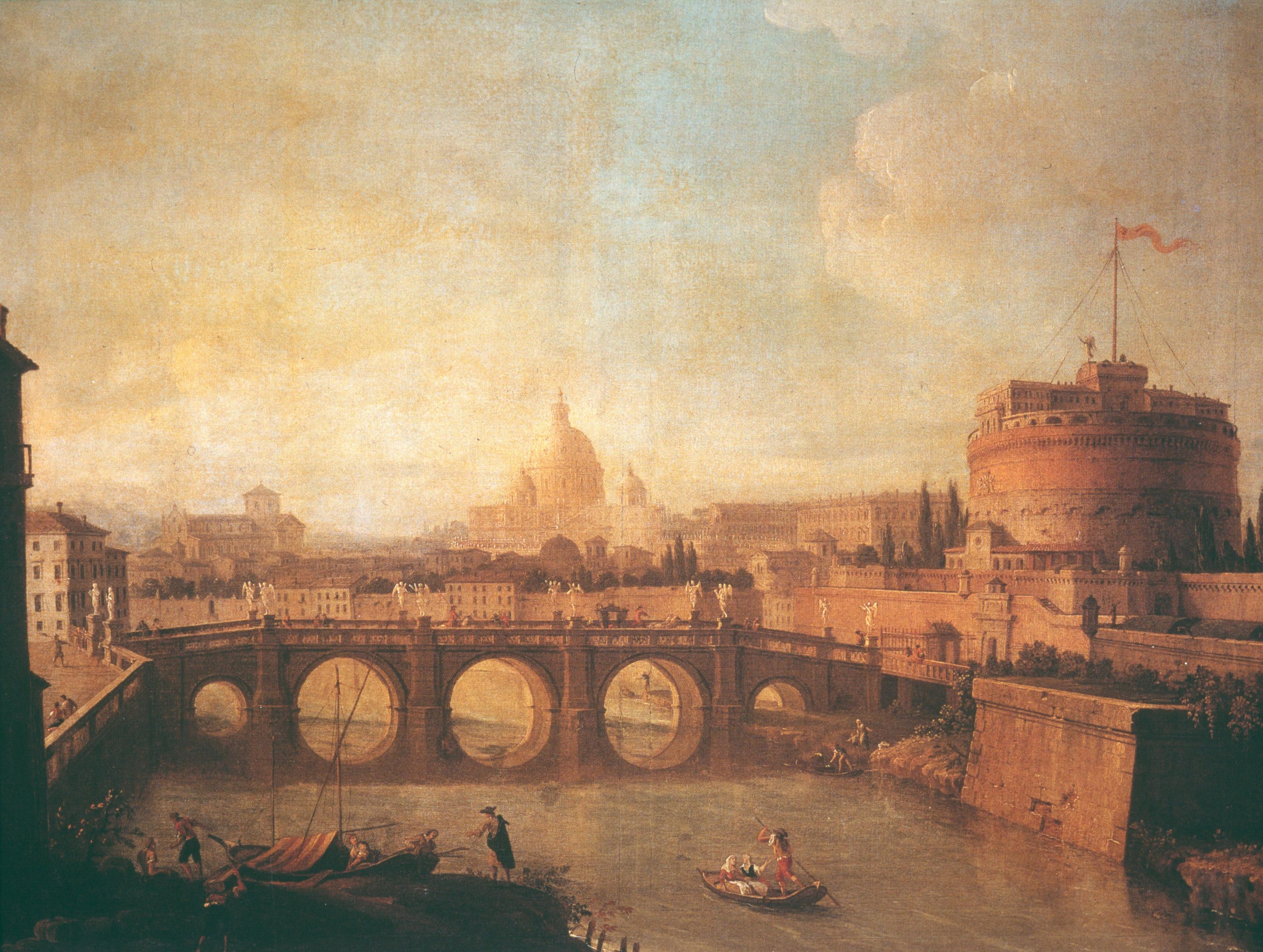 Figure 10: (O_G_10) Joli’s A View of the Tiber with Castel Sant’Angelo and St Peter’s Basilica (top left), Bellotto’s The Piazza del Campidoglio and the Church of S. Mario d’Aracoeli (top right), and Circle of Vanvitelli, St Peter’s Square (bottom)