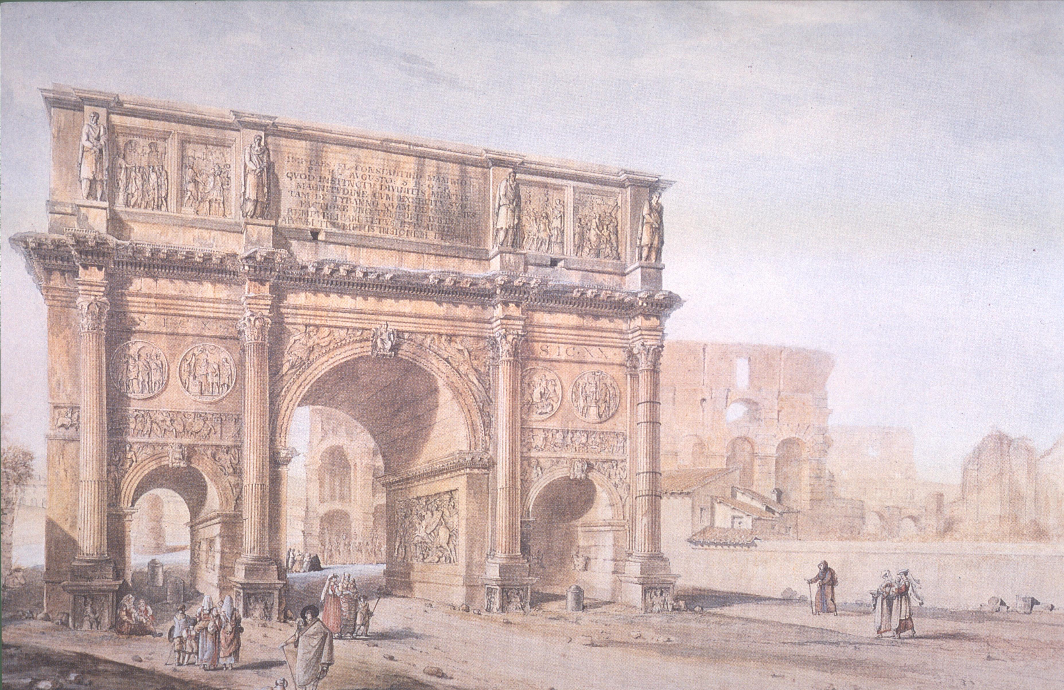 Figure 39: (O_G_39) J. P. Thomas’s The Arch of Constantine in the year 1781 (left) and statue in Museo Pio Clementino, Vatican City (right)