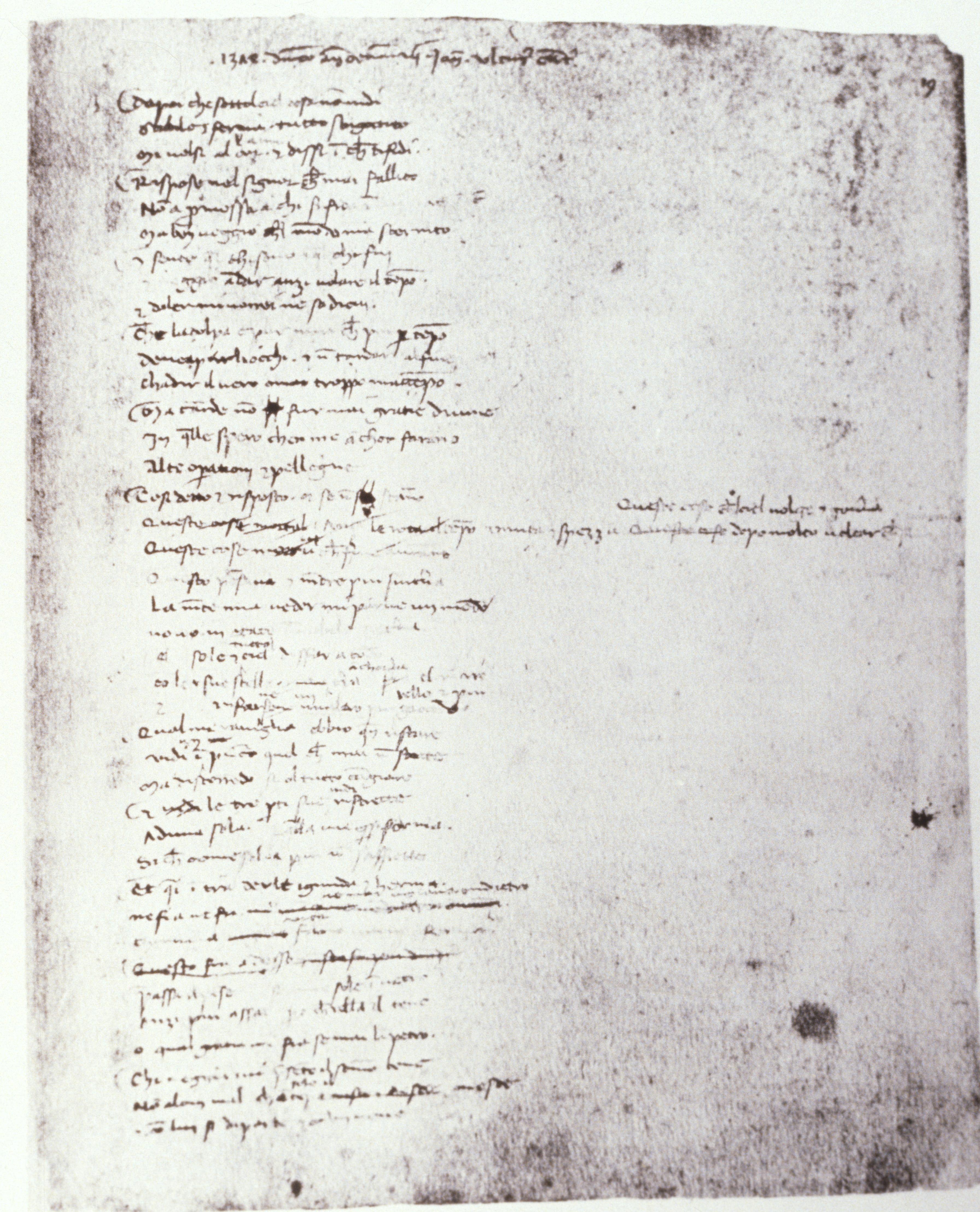 Figure 2: (P_Po_3) Petrarch’s copy of Virgil. [FIXME: or is this the holograph of the Triumph of Eternity intended for Fig 4? The hand is obviously hard at this size, but I can make out ‘Qual’ at the start of a line in the main body, suggesting it’s Italian…]