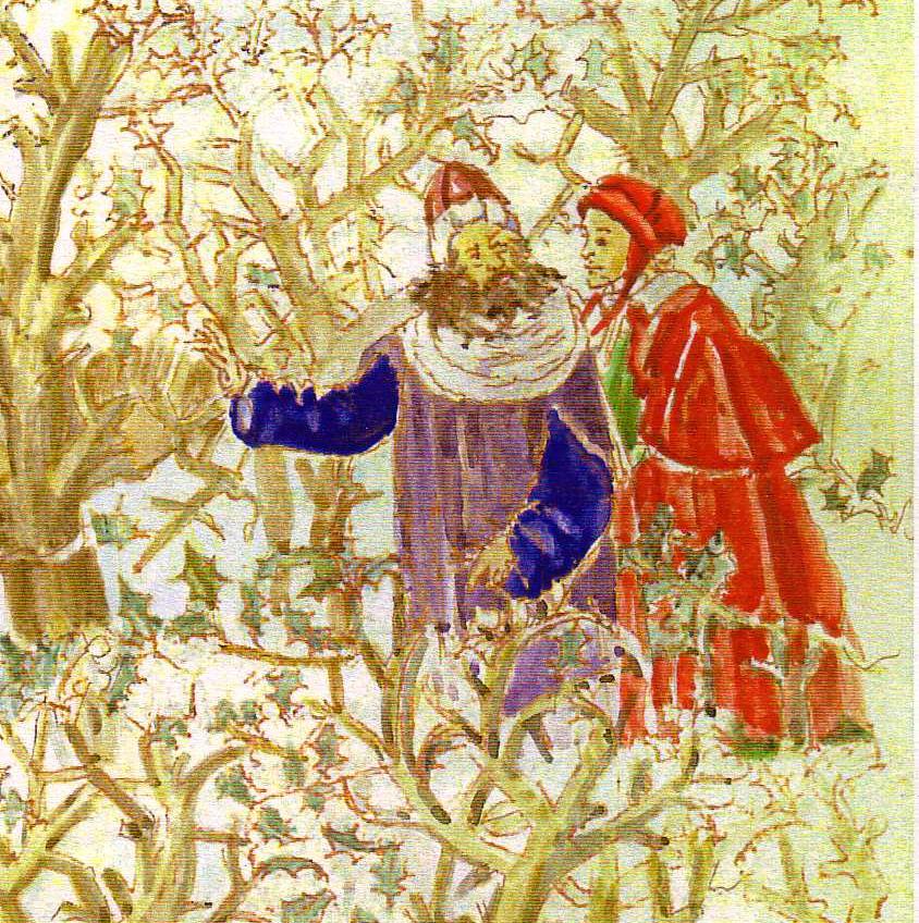 Figure 41: (P_BD_40) Two details from the coloured version of Botticelli’s illustration from Inferno 13; Dante and Virgil enter the wood, and Dante meets Pier della Vigna