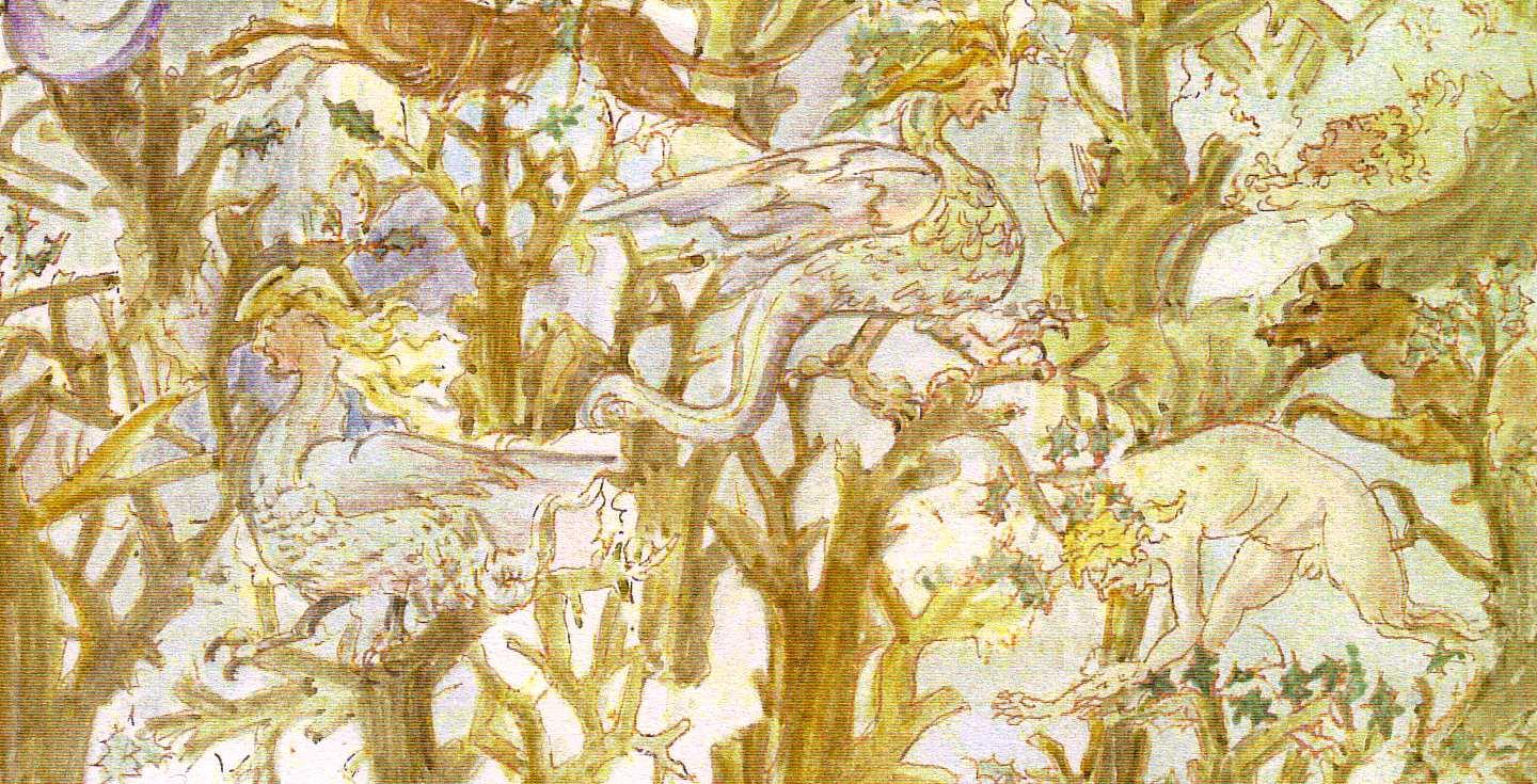 Figure 42: (P_BD_41) Detail from the coloured version of Botticelli’s illustration from Inferno 13, showing the harpies