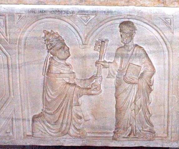 Figure 44: (R1_30) Bartolomeo Prignano, Urban VI receiving keys from St Peter, detail from the tomb of Urban VI, Vatican Grottoes