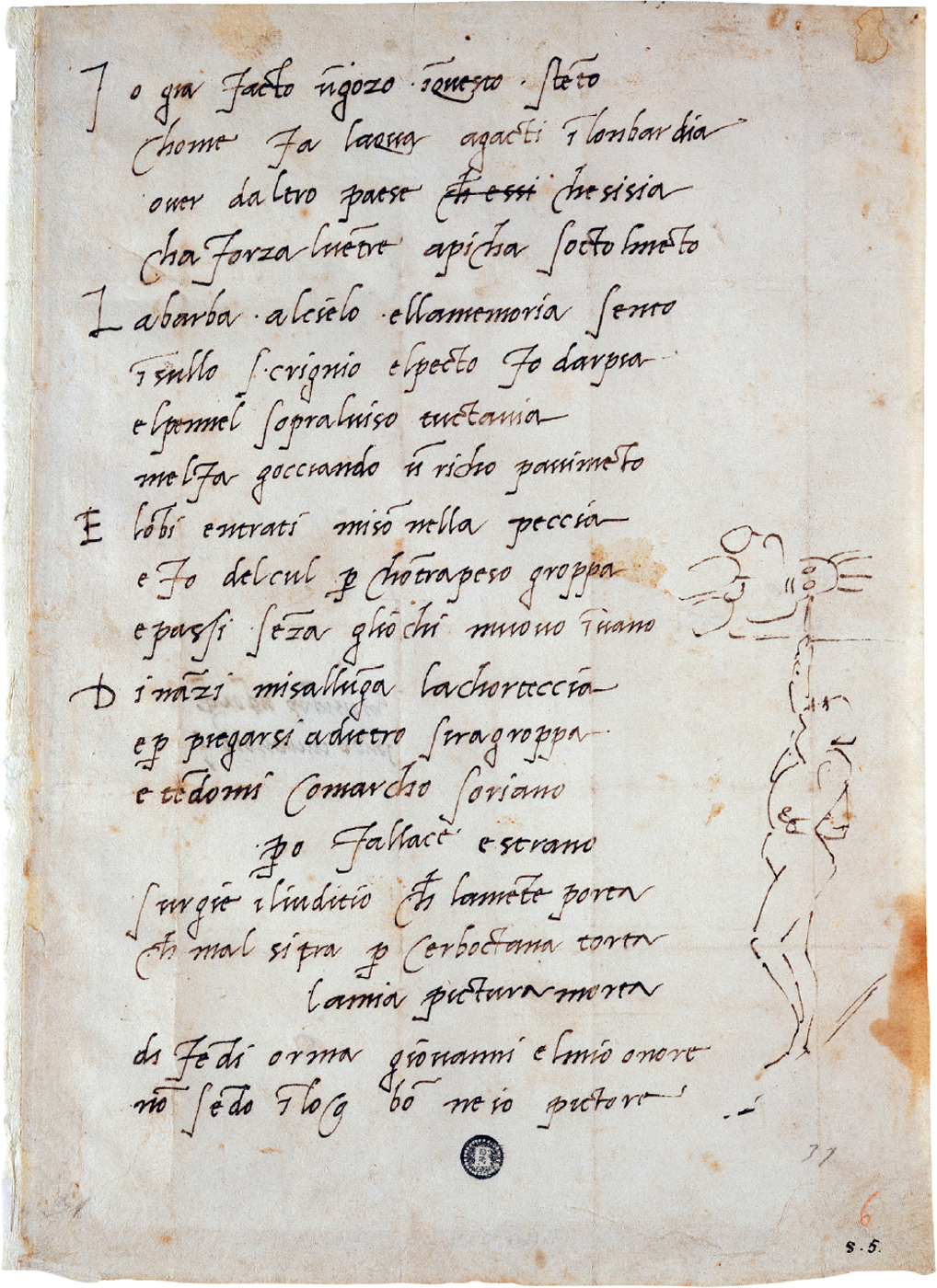 Figure 1: (R3_0) Michelangelo, Autograph of Sonnet 16 with drawing in margin, Casa Buonarotti