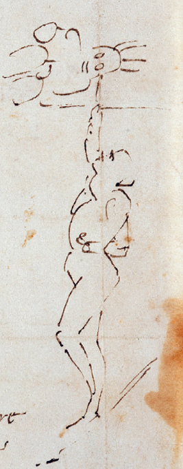 Figure 4: (R3_2a) Michelangelo, Sketch of figure painting the ceiling, British Museum