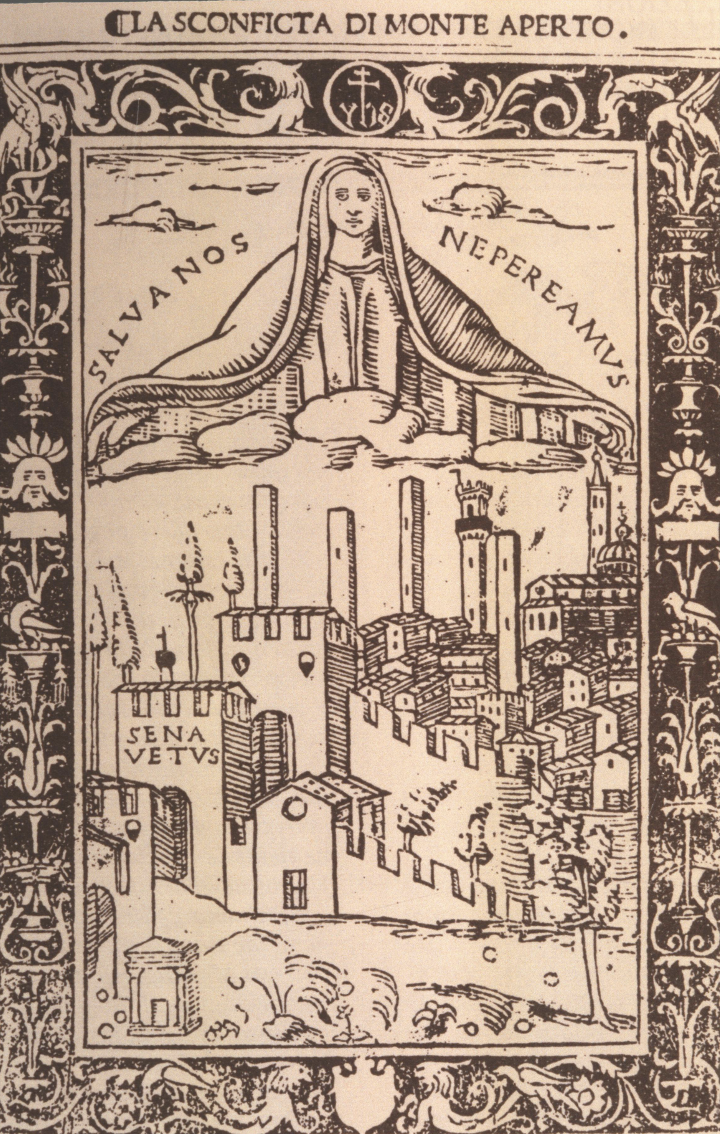 Figure 1: (S2_0) Woodcut of Virgin protecting Siena at the Battle of Montaperti, frontispiece of Lancelotto Politi, La Sconfitta di Monteaperto, Siena, 1502
