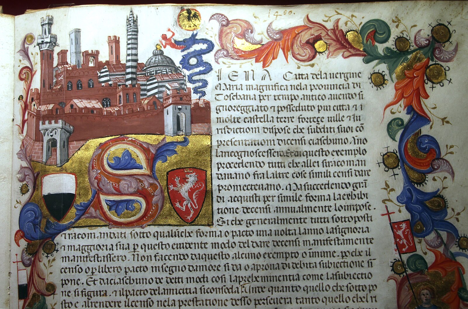 Figure 1: (S5_1a) Miniature view of Siena with Visconti coat of arms, Archivio di Stato di Siena