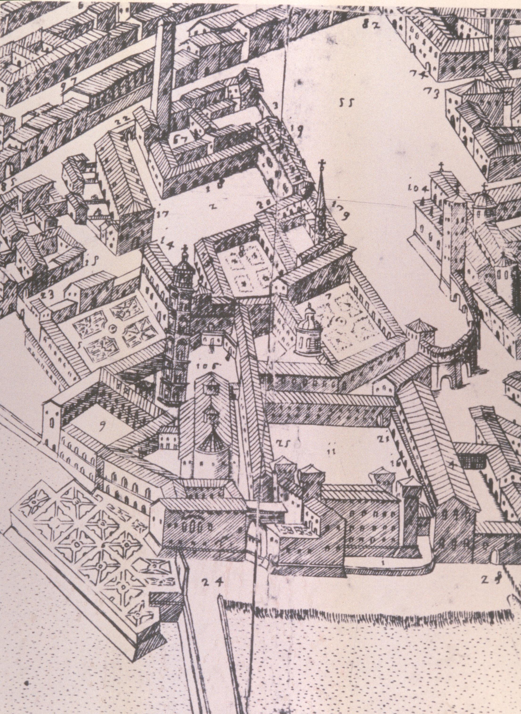 Figure 61: (V1_59) Ludovico Delfichi after Gabriele Bertazzolo, Engraved detail of the Palazzo Ducale, Mantua, from Urbis Mantuae Descriptio, 1628, Archivio di Stato Mantova