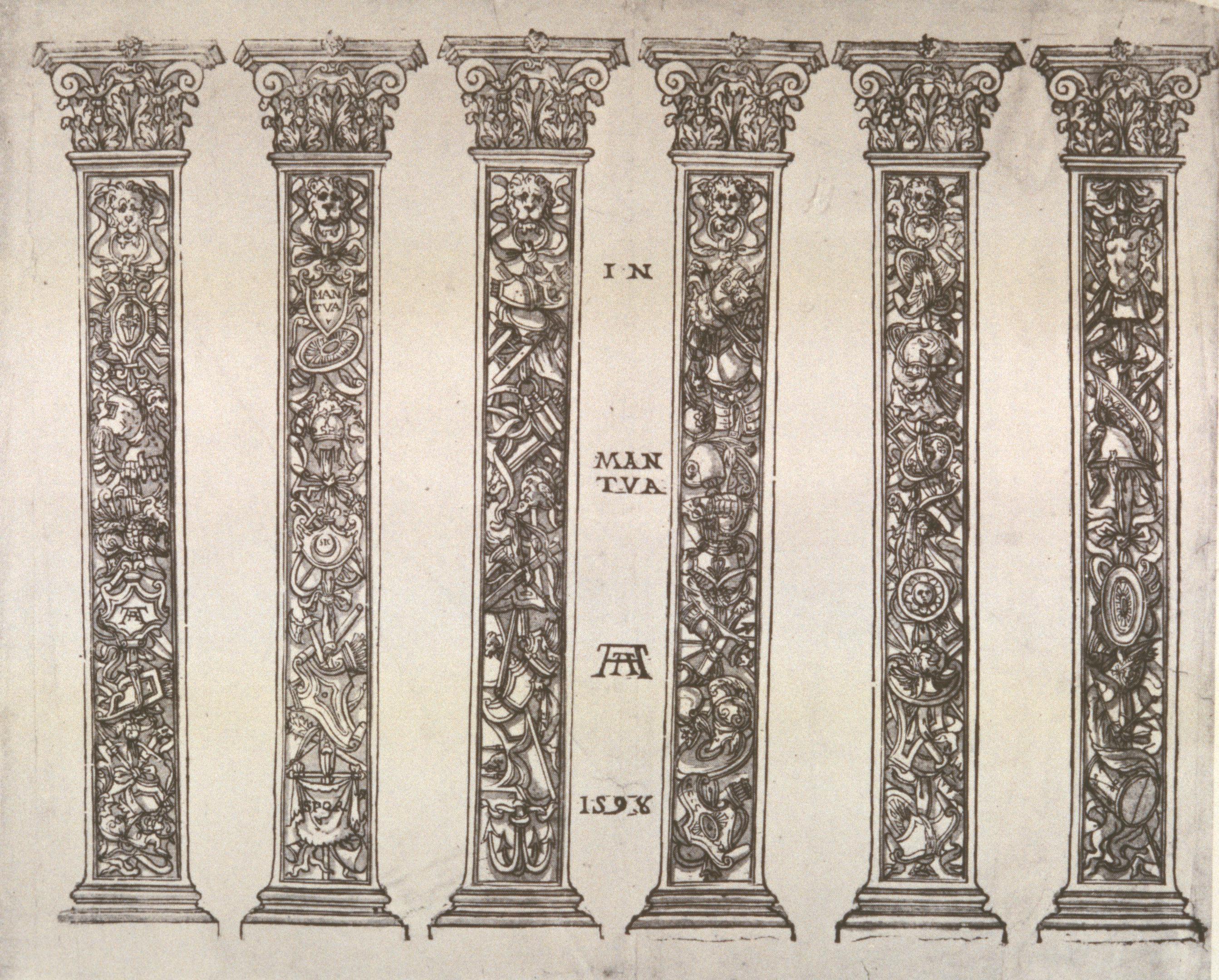 Figure 64: (V1_62) Andrea Andreani, after Mantegna, Six Corinthian pilasters for the Triumph, from “The Triumph of Julius Caesar”, 1598, Metropolitan Museum of Art